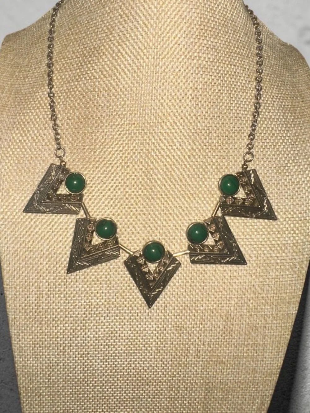 Vintage Geometric Triangle Necklace with Green Stone Accents